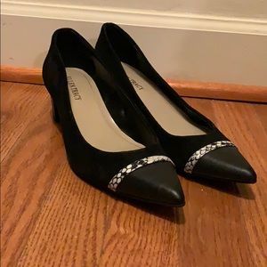 Black pointy suede low heel with leather accent